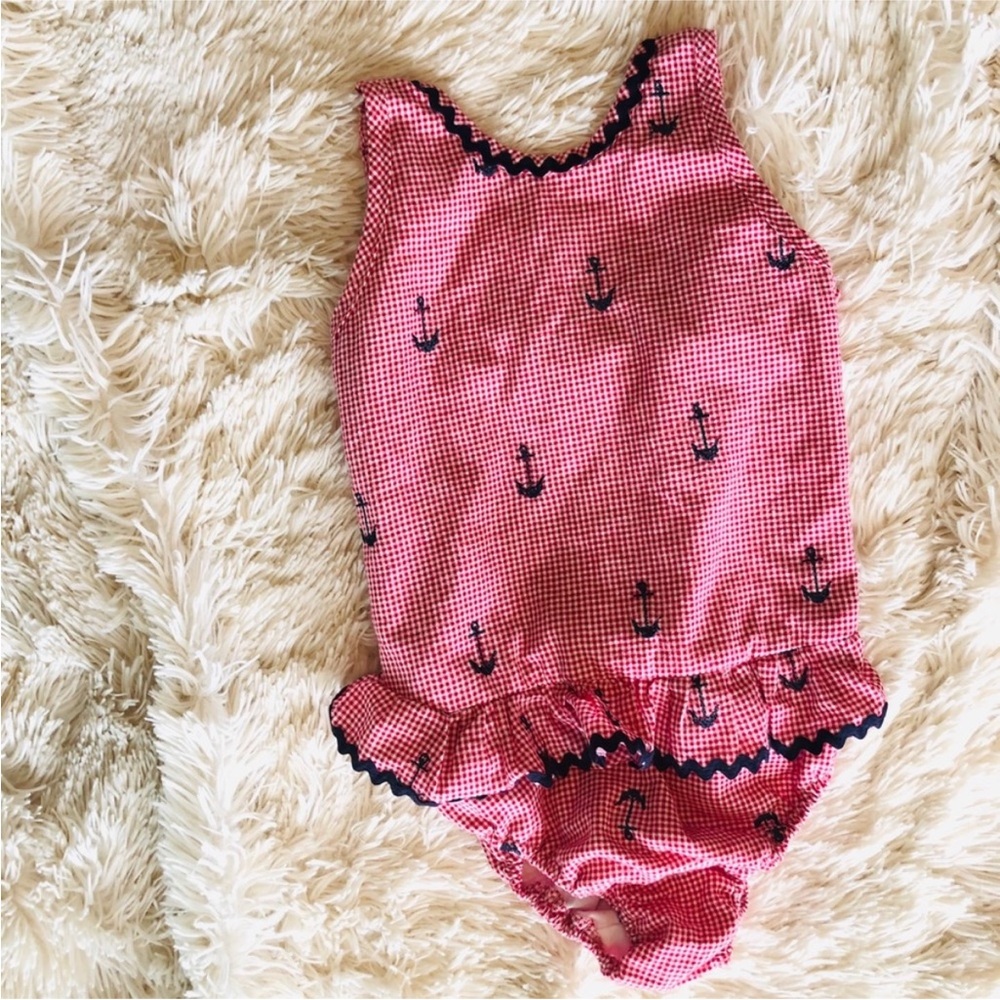 Funtasia Too Girls Nautical Swimsuit Red Gingham Anchors Size 6X - Picture 2 of 7